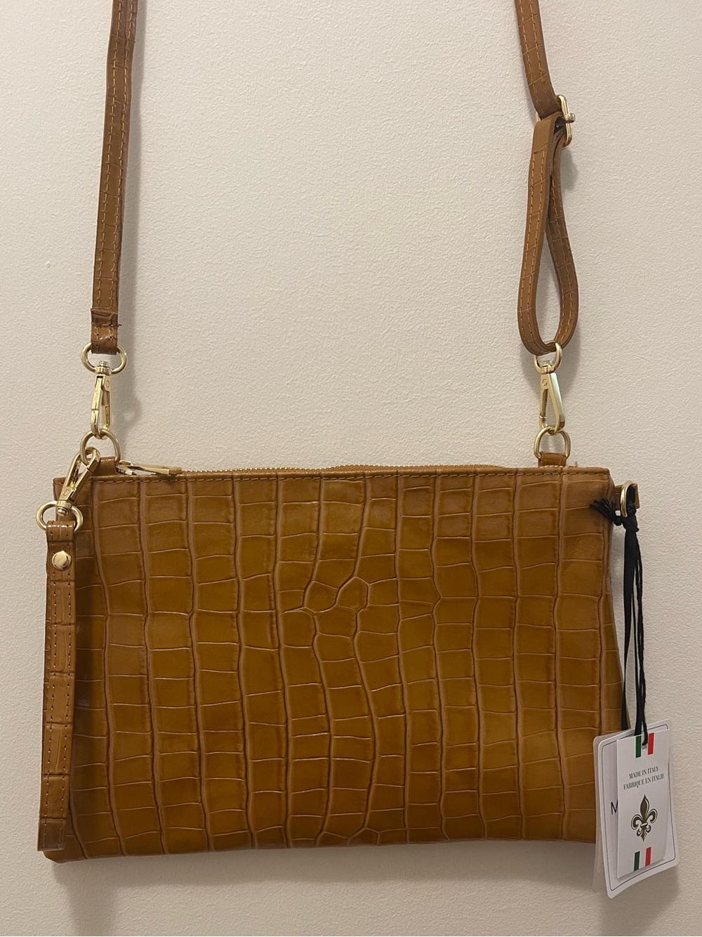 Cognac Croc-Embossed Convertible Crossbody Bag